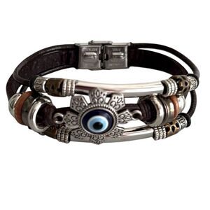 Evil Eye Cuff Bracelet – 8” Brown Leather Boho Style
